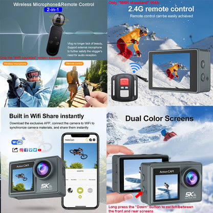 5K 4K60FPS Action Camera Dual IPS Touch LCD DVR EIS 170° 30M Waterproof 5X Zoom Sport Camera With Wireless Mic&Remote Control Chewyzworld LLC