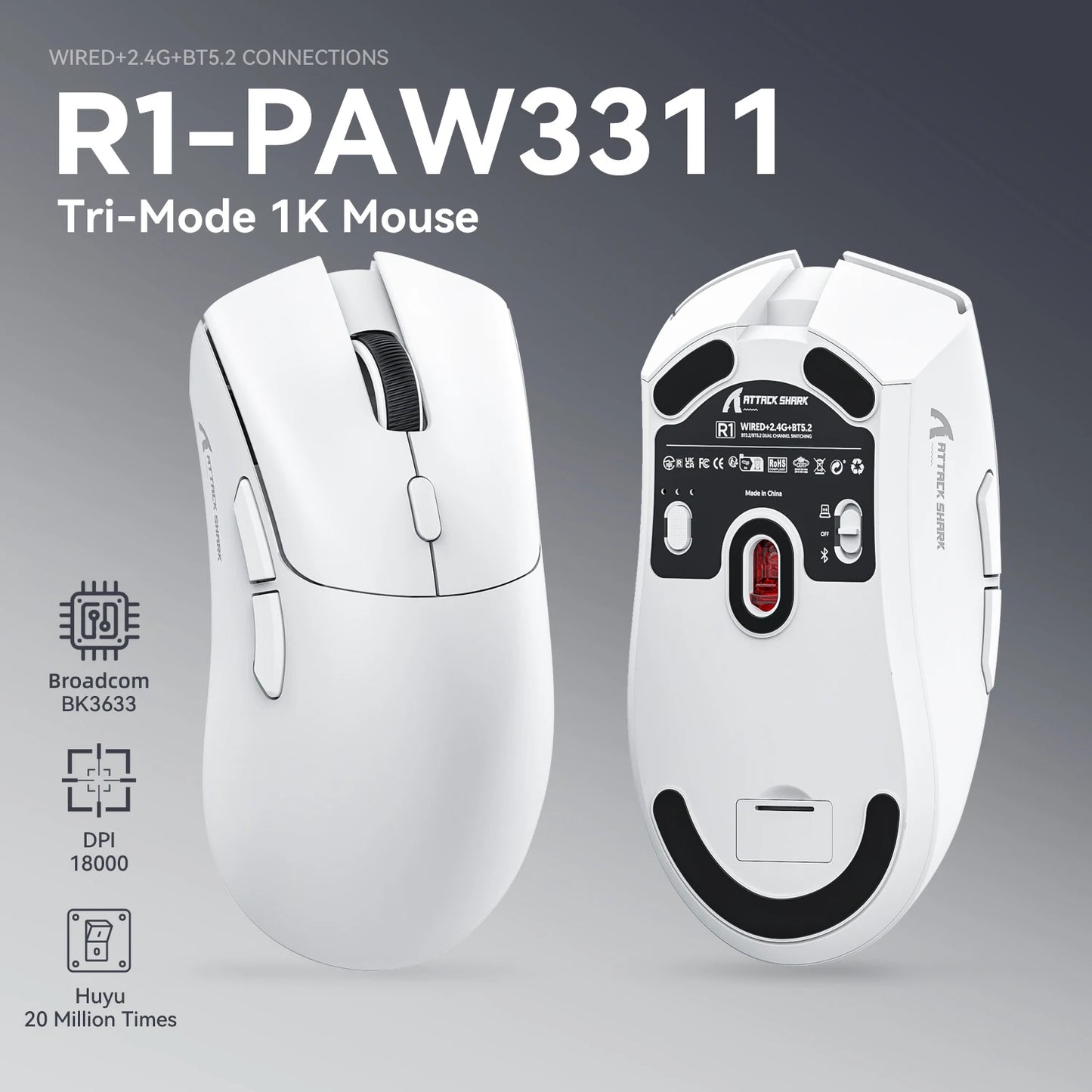 Attack Shark R1 1000Hz Bluetooth Mouse,18000dpi,PAW3311,Tri-mode Connection, Macro Gaming Mouse Chewyzworld LLC