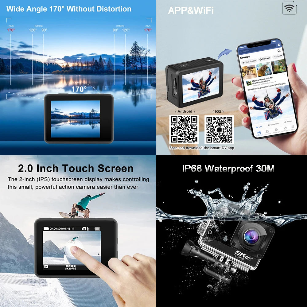 Action Camera 5K 4K60FPS EIS 48MP Wi-Fi Dual Screen 170D 8X Zoom Pre Record 30M Waterproof Sport Camera With Sony IMX576 Lens Chewyzworld LLC