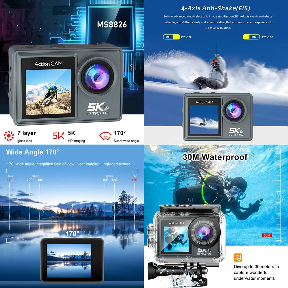 5K 4K60FPS Action Camera Dual IPS Touch LCD DVR EIS 170° 30M Waterproof 5X Zoom Sport Camera With Wireless Mic&Remote Control Chewyzworld LLC