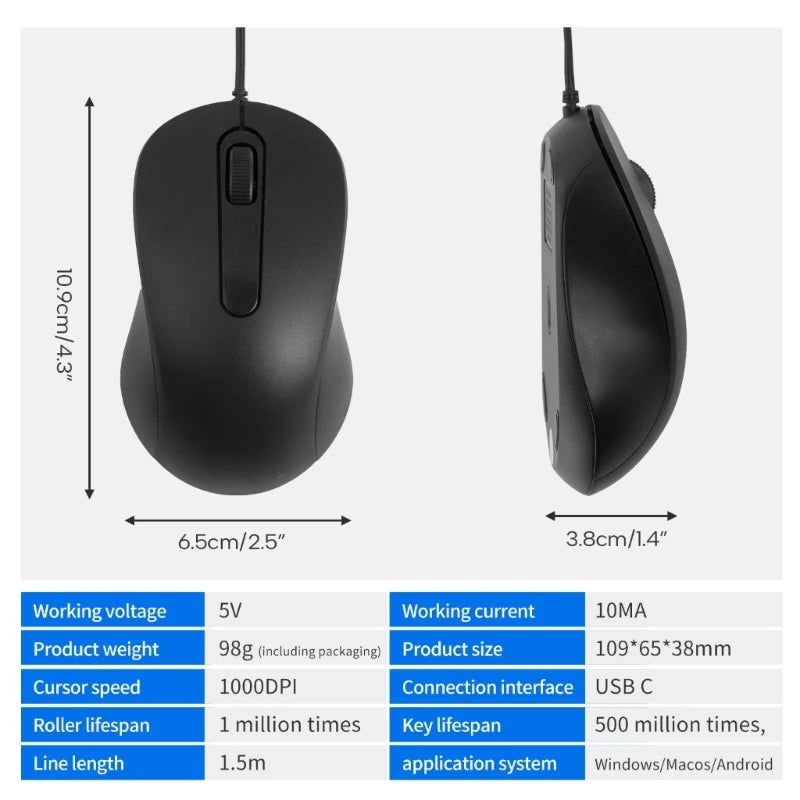 Type C Mouse, USB C Mice Gaming Mouse Ergonomic 3 Buttons 1000DPI for Windows PC, Laptop and More Type C Devices Chewyzworld LLC